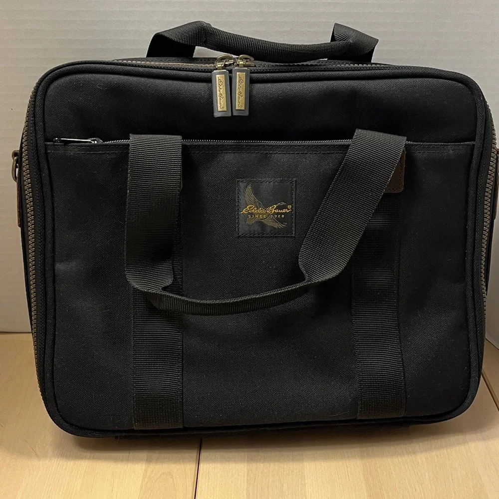 Y2K Eddie Bauer Black Nylon Laptop Case Brass & Leather Trim - No Shoulder Strap